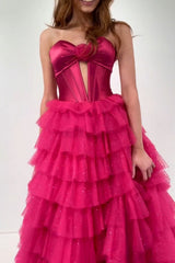 Dreamyannie Fuchsia Prom Dress Strapless Ruffled Corset Tulle Long Formal Dress