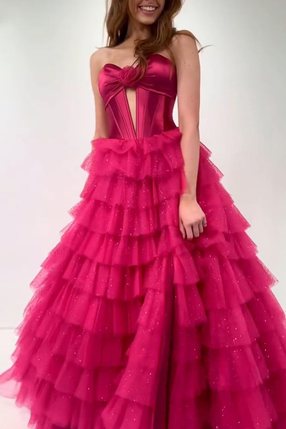 Dreamyannie Fuchsia Prom Dress Strapless Ruffled Corset Tulle Long Formal Dress