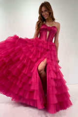 Dreamyannie Fuchsia Prom Dress Strapless Ruffled Corset Tulle Long Formal Dress