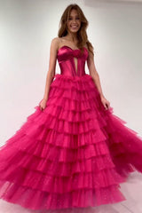 Dreamyannie Fuchsia Prom Dress Strapless Ruffled Corset Tulle Long Formal Dress
