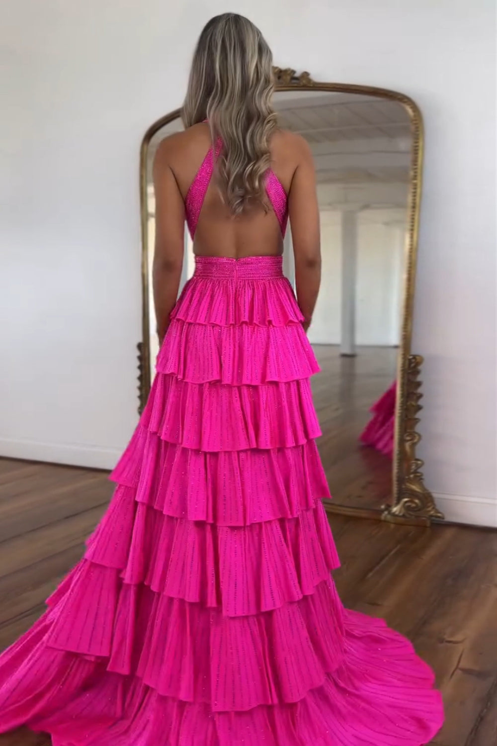 Dreamyannie Fuchsia Prom Dress Tiered A-Line Halter Long Formal Dress With Slit