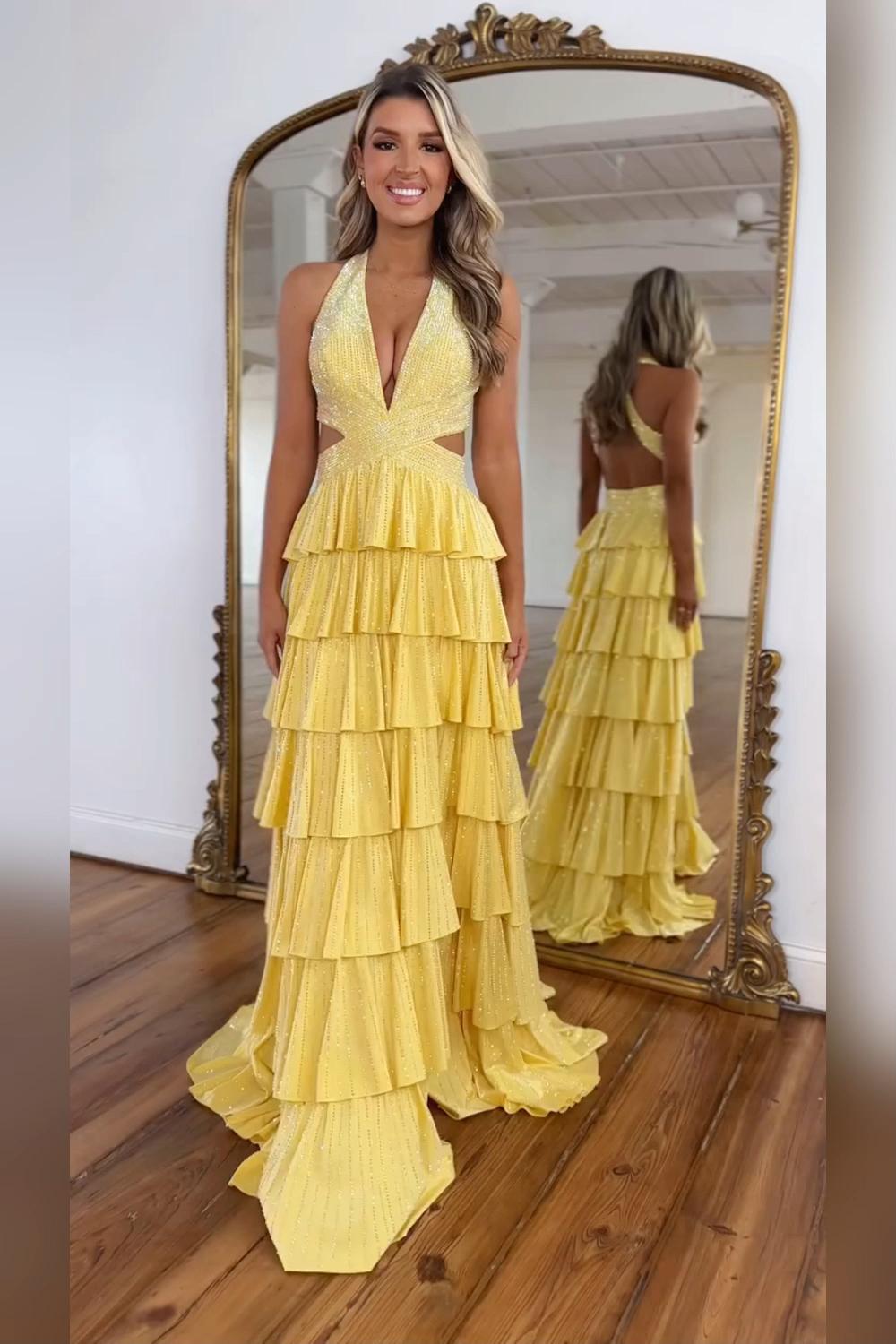 Dreamyannie Fuchsia Prom Dress Tiered A-Line Halter Long Formal Dress With Slit