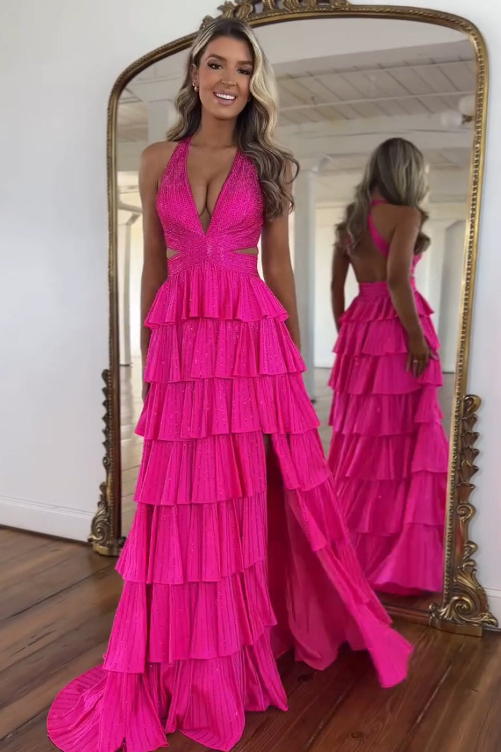 Dreamyannie Fuchsia Prom Dress Tiered A-Line Halter Long Formal Dress With Slit