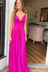 Dreamyannie Fuchsia Prom Dress V-Neck A Line Corset Pleated Long Formal Dress