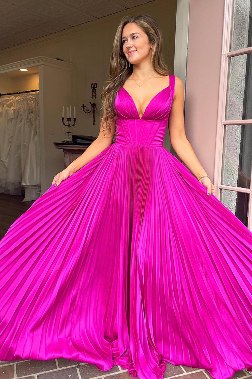 Dreamyannie Fuchsia Prom Dress V-Neck A Line Corset Pleated Long Formal Dress
