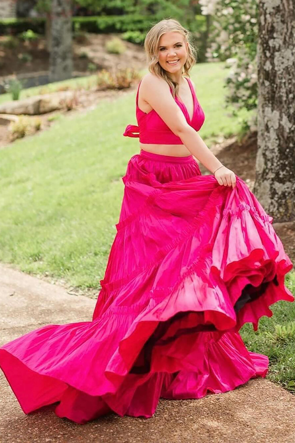 Dreamyannie Fuchsia Prom Dress V-Neck A-Line Long Formal Dress With Bow
