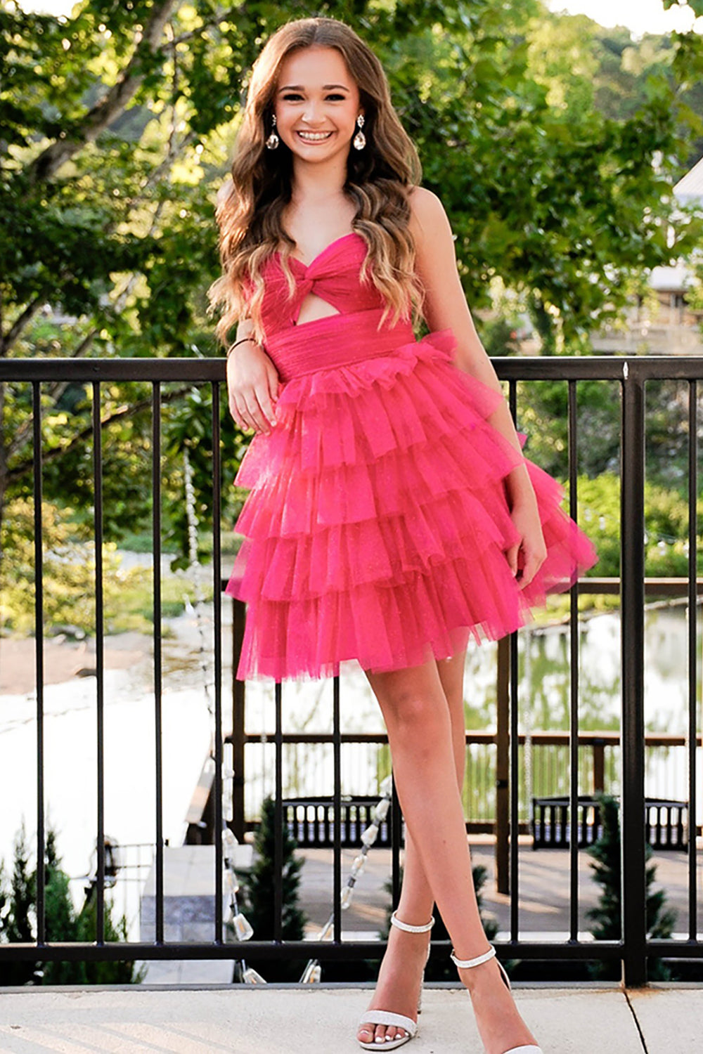Dreamyannie Fuchsia Ruffled Tiered A Line Homecoming Dresses Short Cocktail Dresses
