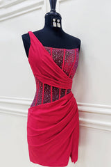 Dreamyannie Fuchsia Satin Tight Homecoming Dresses Beaded Short Corset Cocktail Dresses With Slit