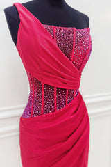 Dreamyannie Fuchsia Satin Tight Homecoming Dresses Beaded Short Corset Cocktail Dresses With Slit