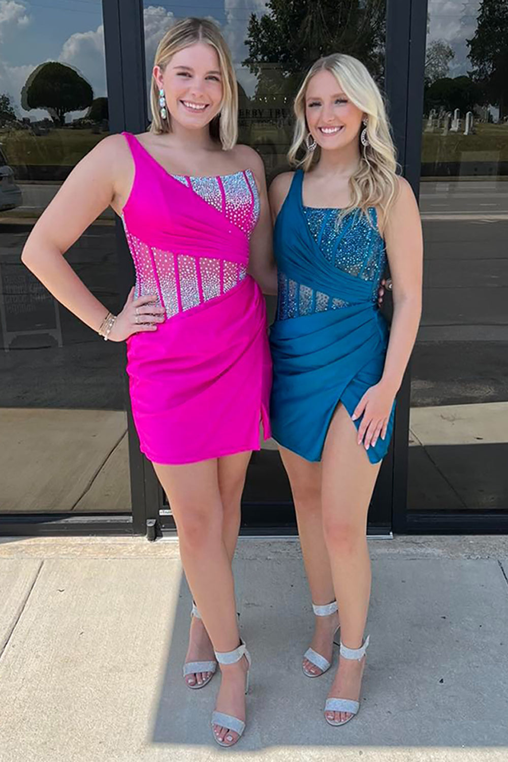 Dreamyannie Fuchsia Satin Tight Homecoming Dresses Beaded Short Corset Cocktail Dresses With Slit