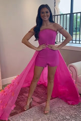 Dreamyannie Fuchsia Short Floral Tight Homecoming Jumpsuits With Cape