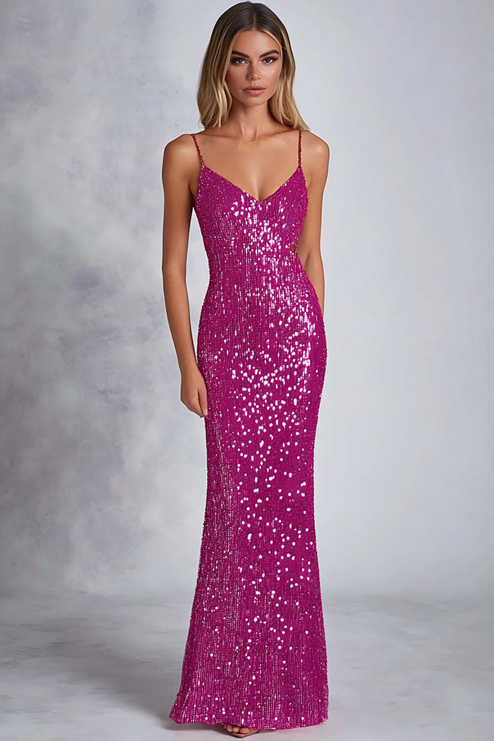 Dreamyannie Fuchsia Wedding Guest Dress Sheath Sequins Long Formal Dress