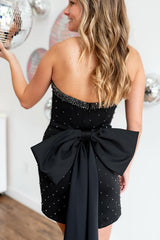 Dreamyannie Glitter Black Homecoming Dresses Beaded Strapless Tight Short Cocktail Dresses With Bow