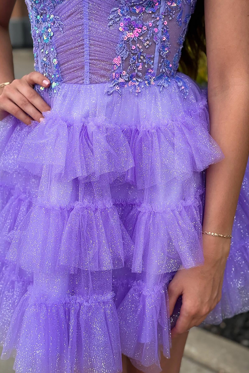 Dreamyannie Glitter Lavender Homecoming Dresses Ruffled Short Corset Cocktail Dresses With Sequins