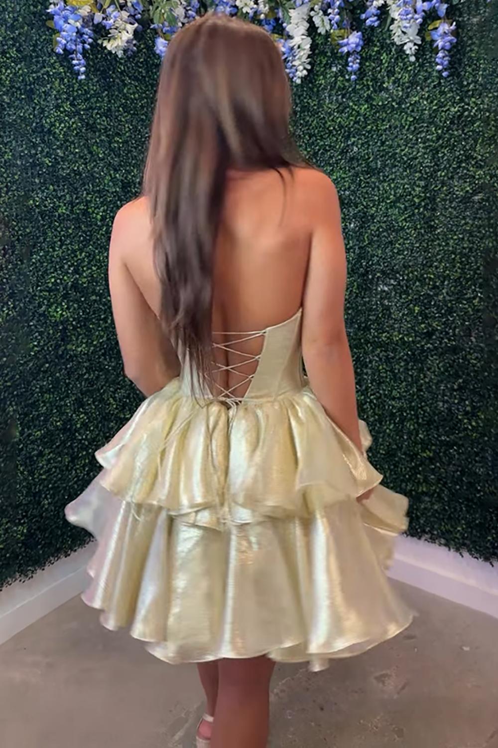 Dreamyannie Gold Organza Homecoming Dresses Tiered Ruffled Short Corset Cocktail Dresses