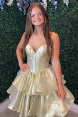 Dreamyannie Gold Organza Homecoming Dresses Tiered Ruffled Short Corset Cocktail Dresses