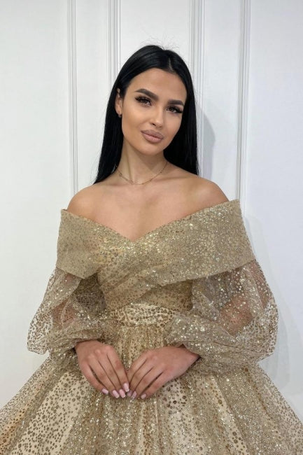 Dreamyannie Gold Prom Dress A Line Off The Shoulder Sequined Formal Dress With Sleeves