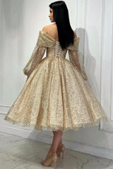 Dreamyannie Gold Prom Dress A Line Off The Shoulder Sequined Formal Dress With Sleeves