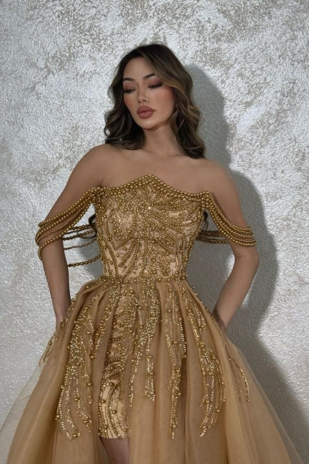 Dreamyannie Gold Prom Dress A Line Strapless Sleeveless Beaded Detachable Panel Train Tulle Formal Dress