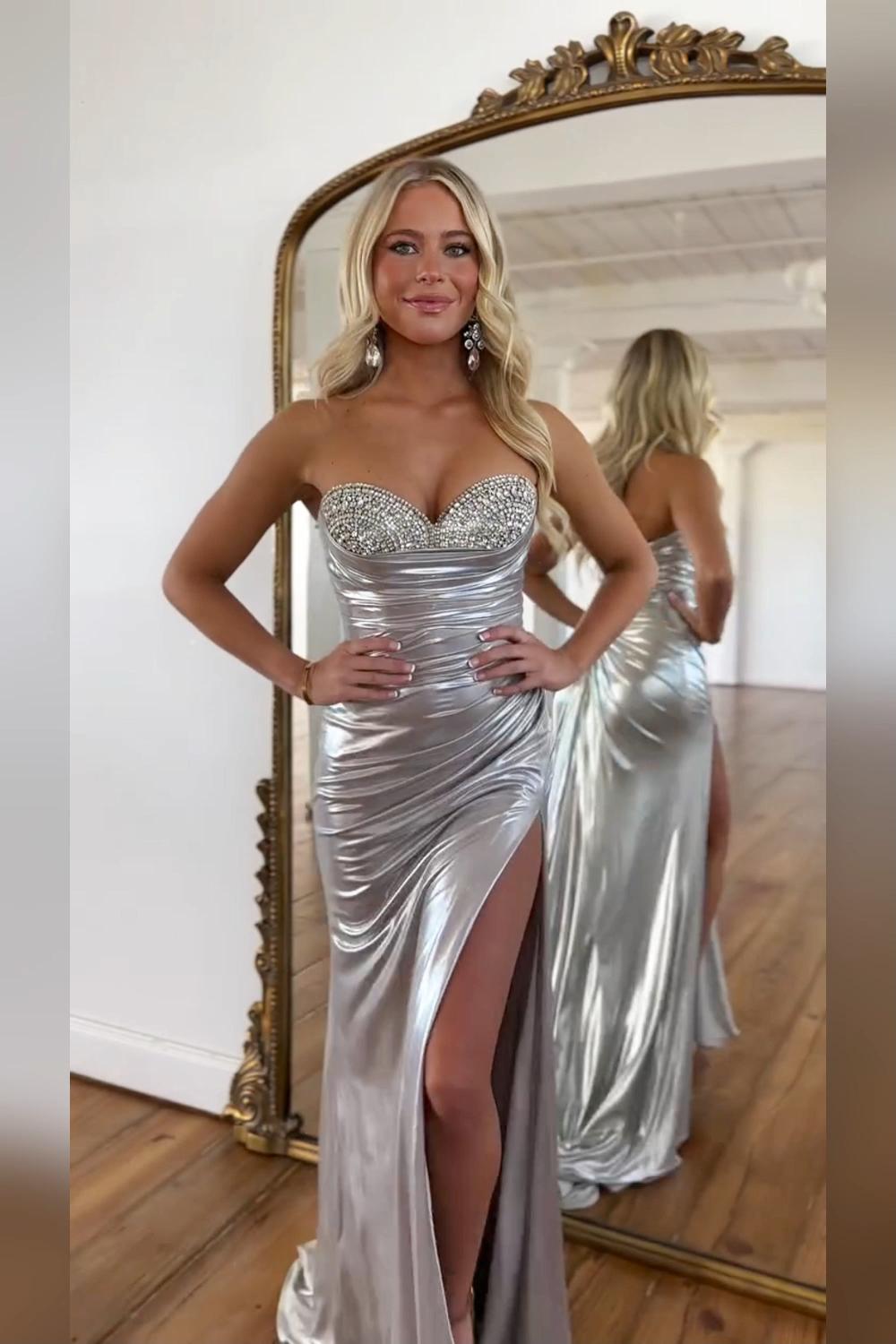 Dreamyannie Gold Prom Dress Beaded Metallic Long Formal Dress With Slit