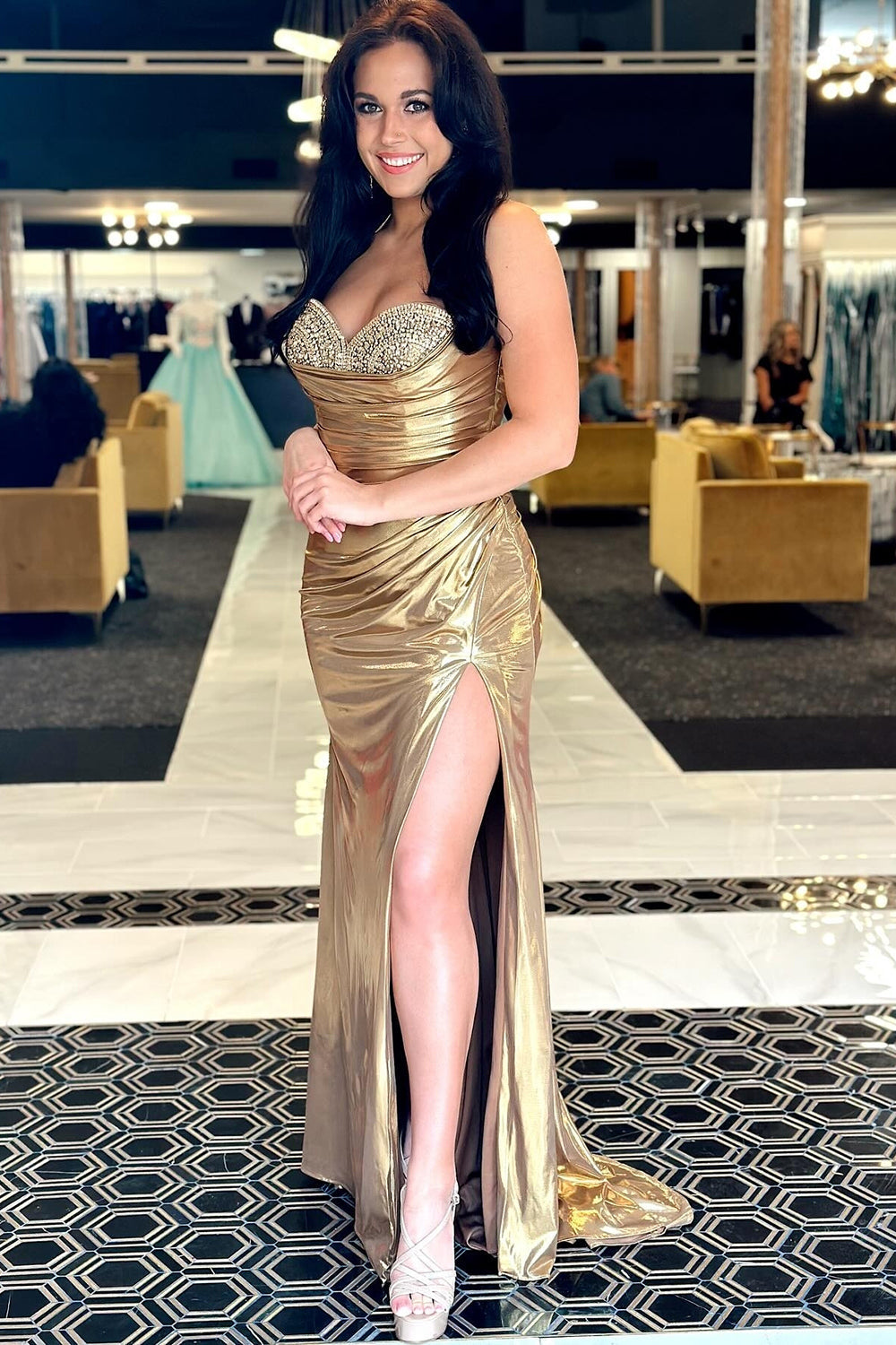 Dreamyannie Gold Prom Dress Beaded Metallic Long Formal Dress With Slit