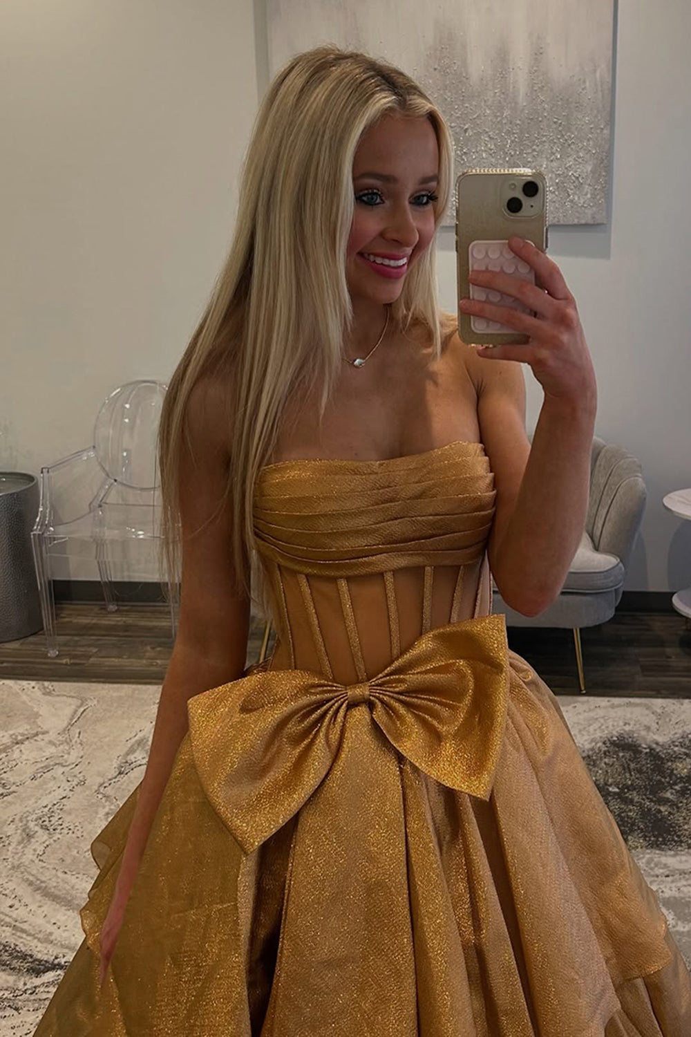 Dreamyannie Gold Prom Dress Corset Ruffled Long Formal Dress With Bow