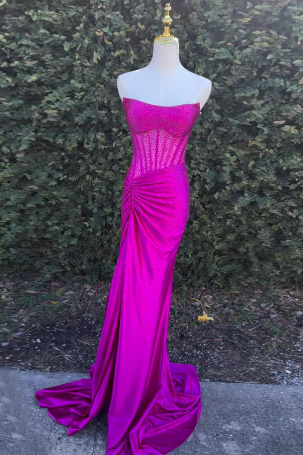 Dreamyannie Gold Prom Dress Mermaid Corset Beaded Long Formal Dress With Slit
