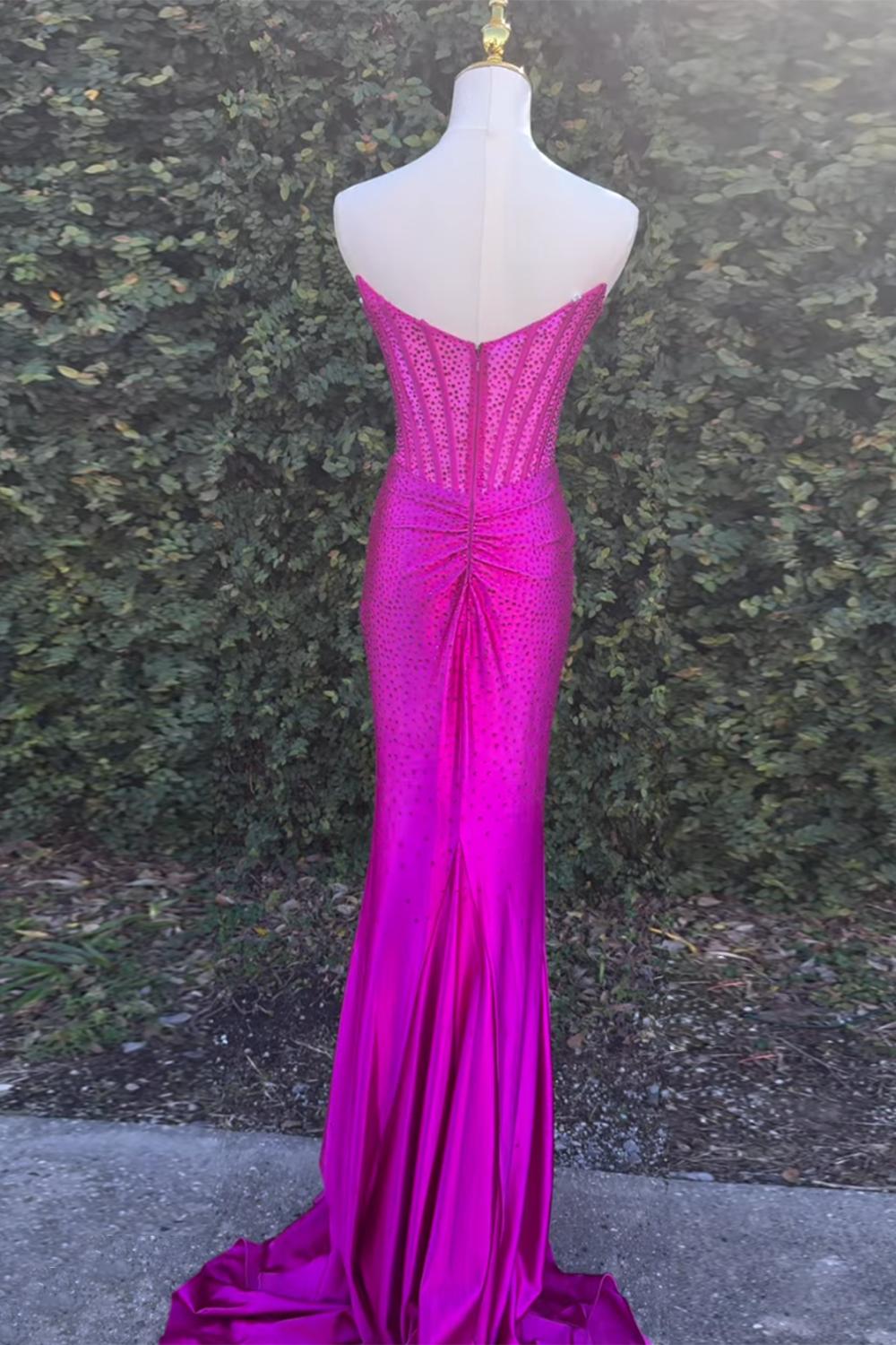 Dreamyannie Gold Prom Dress Mermaid Corset Beaded Long Formal Dress With Slit