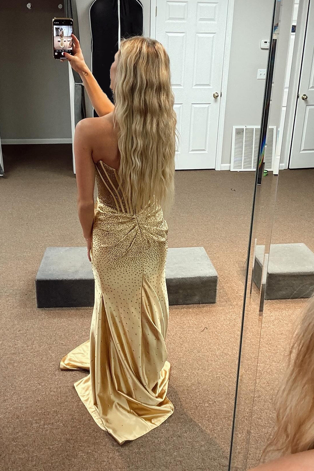 Dreamyannie Gold Prom Dress Mermaid Corset Beaded Long Formal Dress With Slit