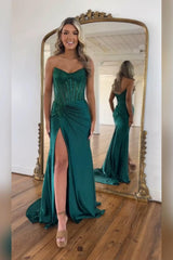 Dreamyannie Gold Prom Dress Mermaid Corset Beaded Long Formal Dress With Slit