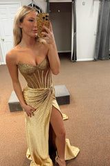 Dreamyannie Gold Prom Dress Mermaid Corset Beaded Long Formal Dress With Slit