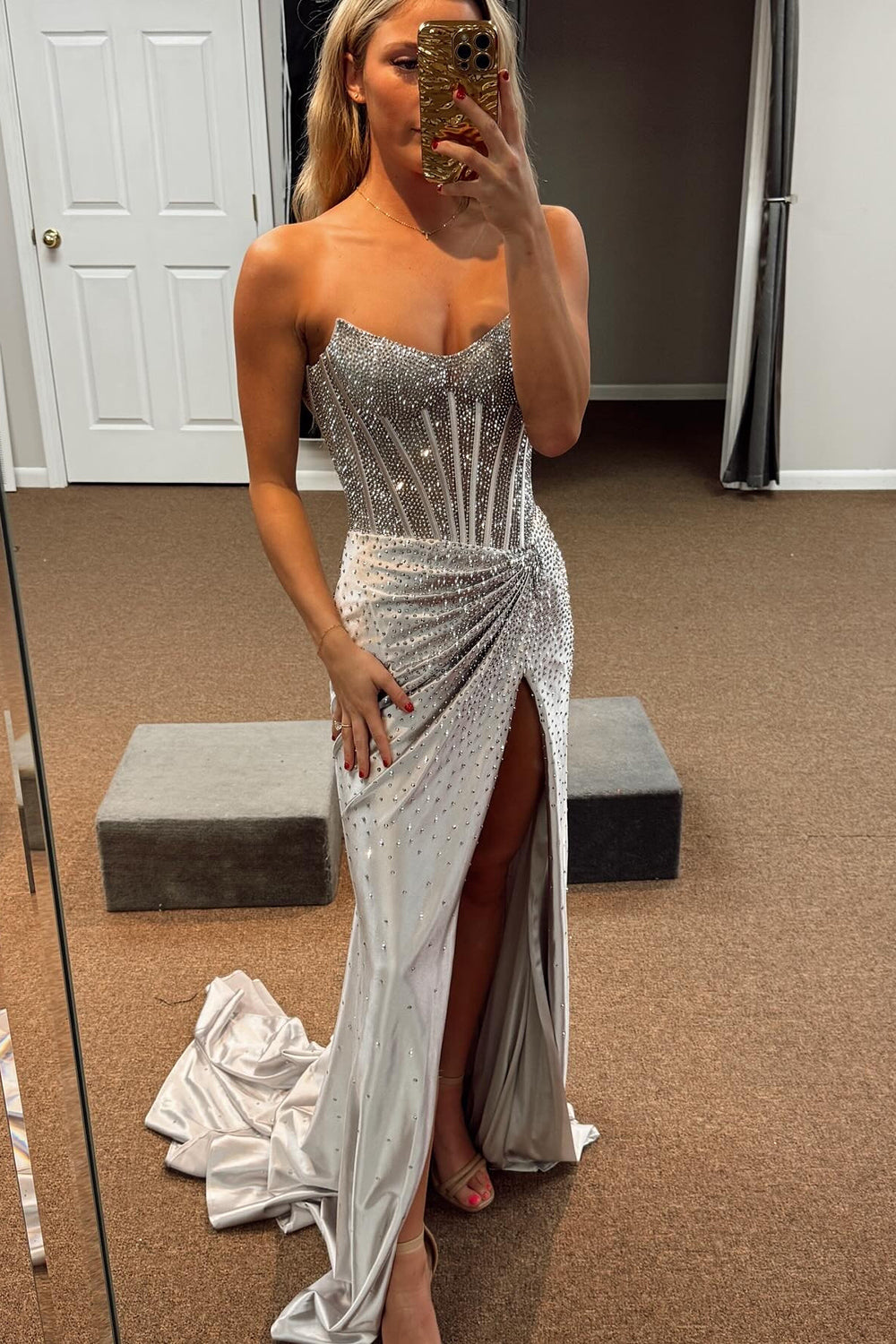Dreamyannie Gold Prom Dress Mermaid Corset Beaded Long Formal Dress With Slit