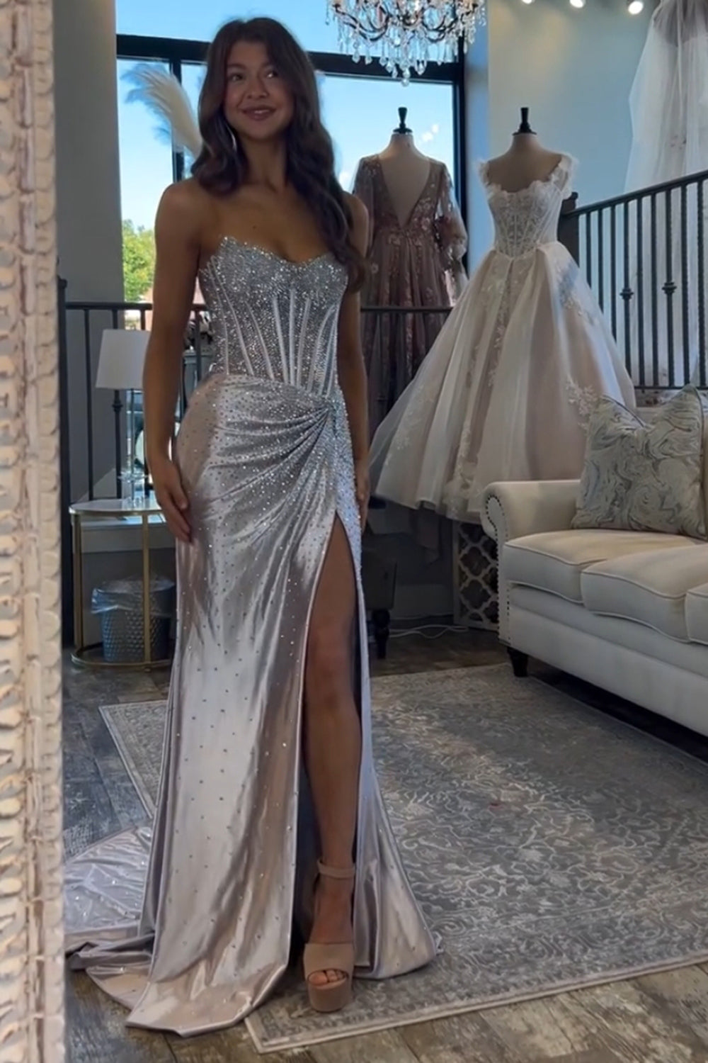 Dreamyannie Gold Prom Dress Mermaid Corset Beaded Long Formal Dress With Slit