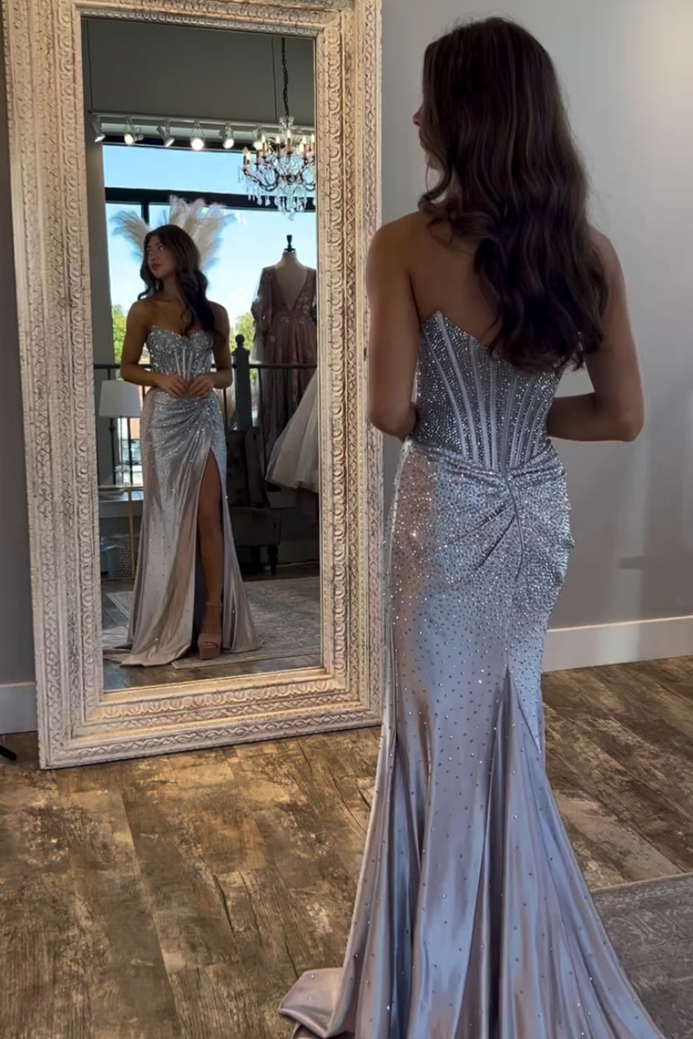 Dreamyannie Gold Prom Dress Mermaid Corset Beaded Long Formal Dress With Slit