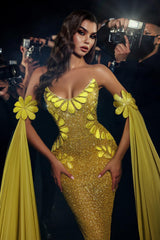 Dreamyannie Gold Prom Dress Mermaid Strapless Sleeveless Sequined Floor Length Tulle Formal Dress