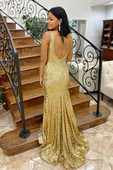 Dreamyannie Gold Prom Dress Mermaid V-Neck Long Formal Dress