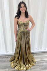 Dreamyannie Gold Prom Dress Metallic Ruched Sleeveless Pleated A Line Formal Dress