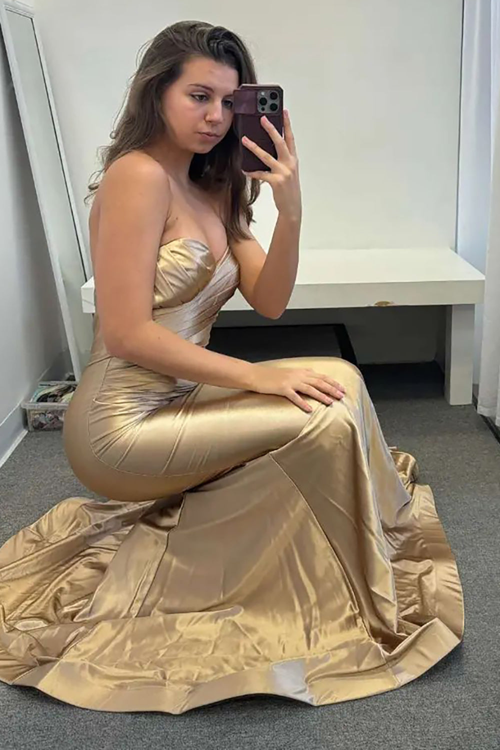 Dreamyannie Gold Prom Dress Satin Mermaid Ruched Formal Dress