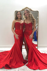 Dreamyannie Gold Prom Dress Sheath Corset Beaded Long Formal Dress With Slit