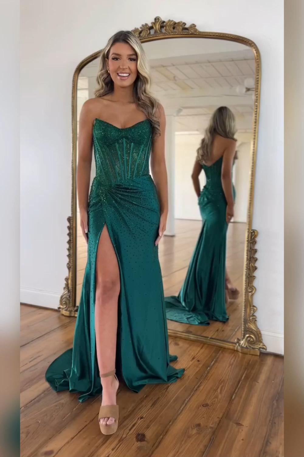 Dreamyannie Gold Prom Dress Sheath Corset Beaded Long Formal Dress With Slit