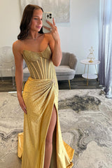 Dreamyannie Gold Prom Dress Sheath Corset Beaded Long Formal Dress With Slit