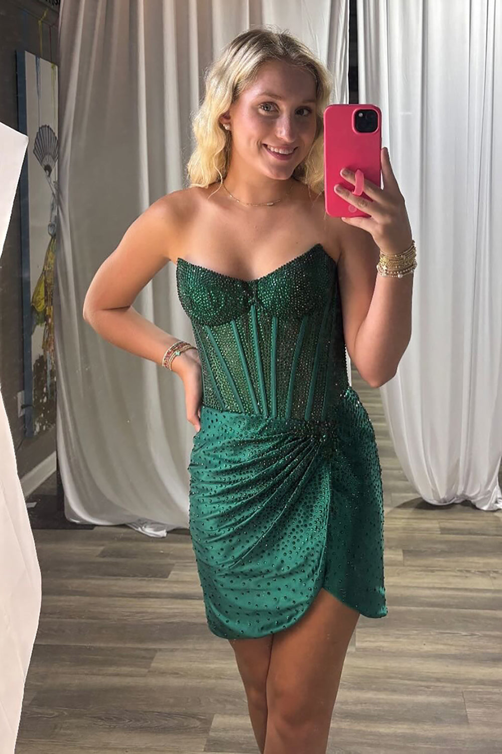 Dreamyannie Gold Tight Homecoming Dresses Ruched Short Corset Cocktail Dresses With Beading