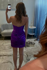 Dreamyannie Grape Sweetheart Tight Homecoming Dresses Ruched Short Corset Cocktail Dresses