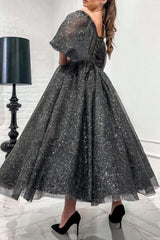 Dreamyannie Gray A Line Off The Shoulder Sequined Formal Dress With Short Sleeves