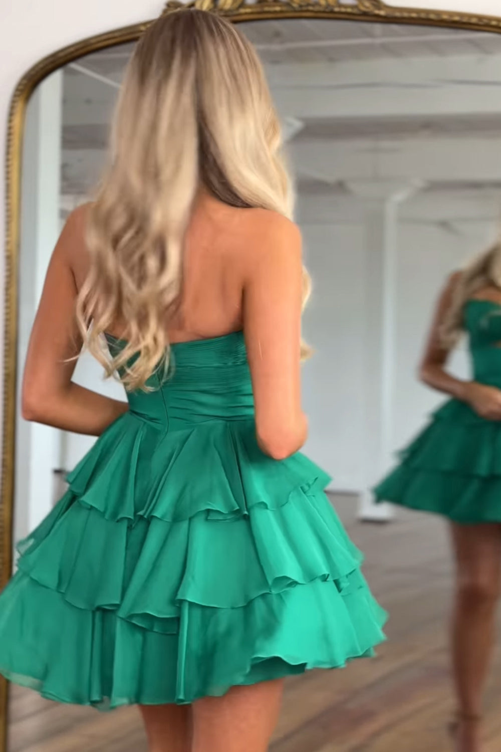 Dreamyannie Green Floral Tiered Ruffled A Line Homecoming Dresses Short Cocktail Dresses
