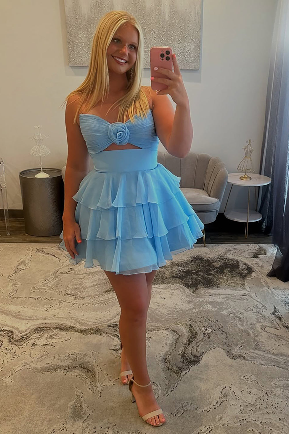 Dreamyannie Green Floral Tiered Ruffled A Line Homecoming Dresses Short Cocktail Dresses