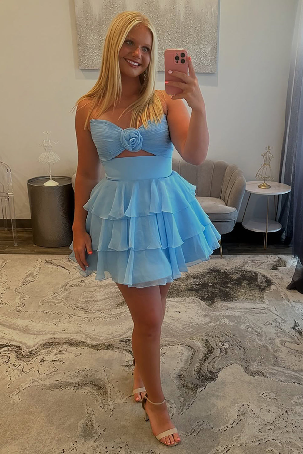 Dreamyannie Green Floral Tiered Ruffled A Line Homecoming Dresses Short Cocktail Dresses