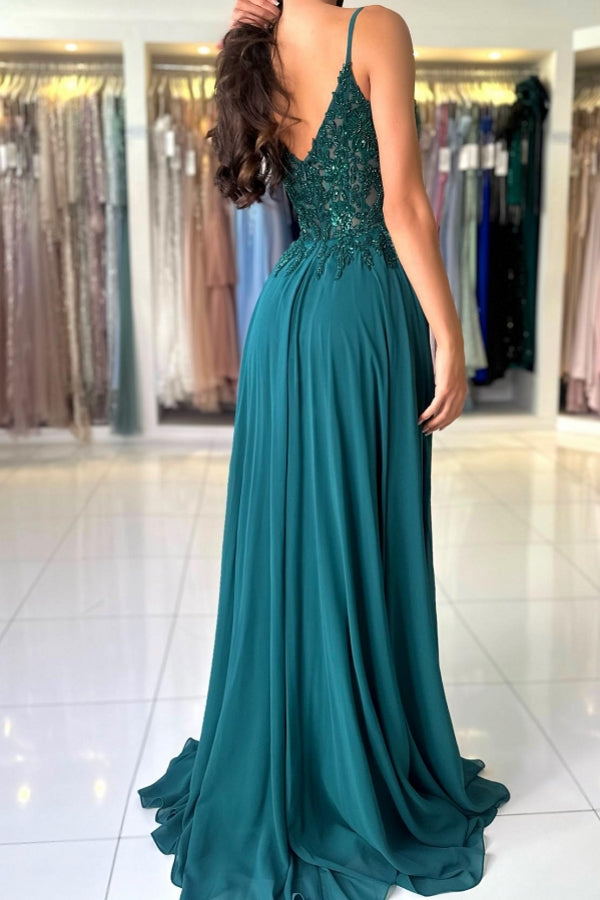Dreamyannie Green Prom Dress A Line Spaghetti Straps Lace Formal Dress With Slit