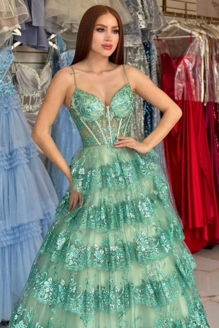 Dreamyannie Green Prom Dress A Line Spaghetti Straps Sequined Lace Formal Dress
