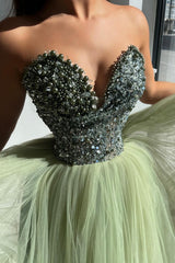 Dreamyannie Green Prom Dress Ball Gown Sweetheart Beaded Sequined Sleeveless Tulle Formal Dress With Pearls